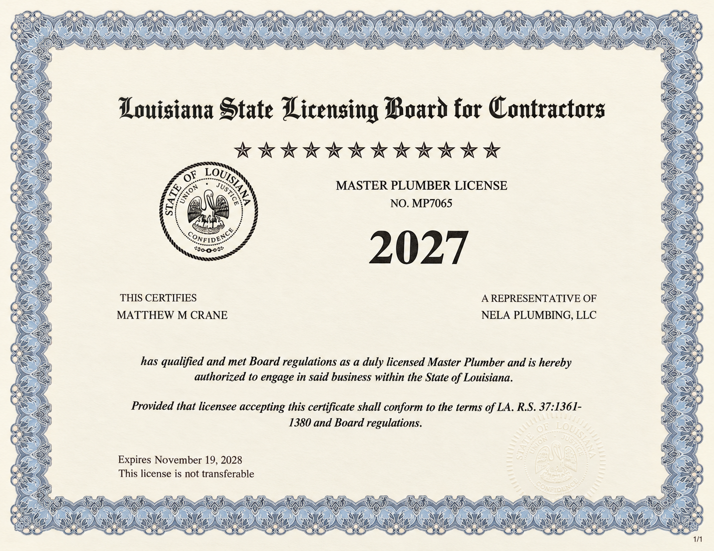 2027 Louisiana Master Plumber license certificate, MP7065, Matthew M Crane, NELA Plumbing LLC